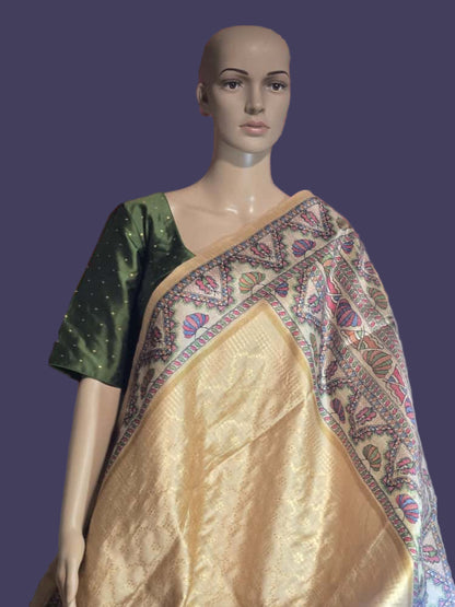 Tusser Silk Saree Madhubani Print Border in Sandal & Beige with Stitched Blouse Allover Zari Weaving and – Handcrafted Traditional Saree for Bridal & Festive Occasions