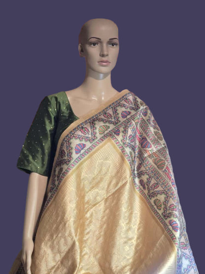 Tusser Silk Saree Madhubani Print Border in Sandal & Beige with Stitched Blouse Allover Zari Weaving and – Handcrafted Traditional Saree for Bridal & Festive Occasions