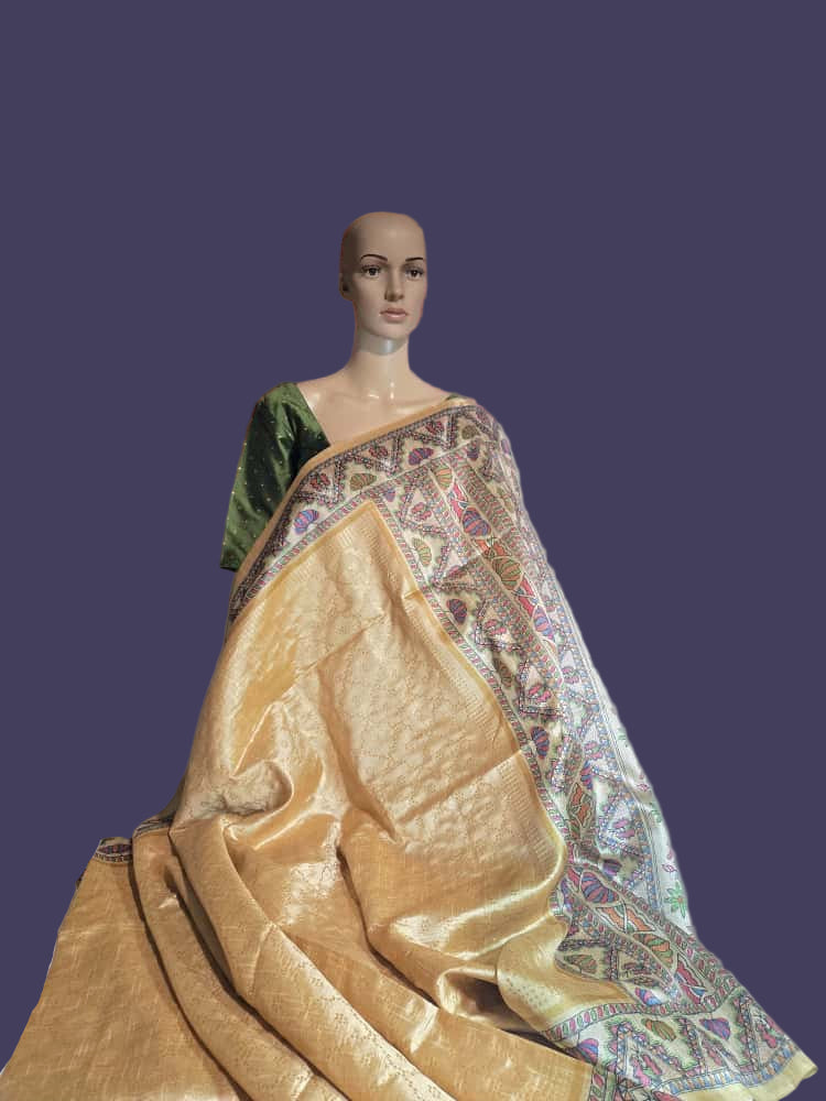 Tusser Silk Saree Madhubani Print Border in Sandal & Beige with Stitched Blouse Allover Zari Weaving and – Handcrafted Traditional Saree for Bridal & Festive Occasions