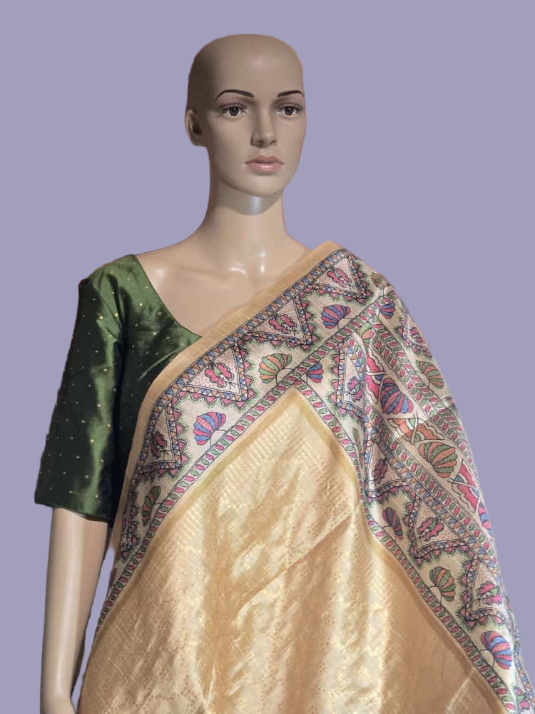 Tusser Silk Saree Madhubani Print Border in Sandal & Beige with Stitched Blouse Allover Zari Weaving and – Handcrafted Traditional Saree for Bridal & Festive Occasions