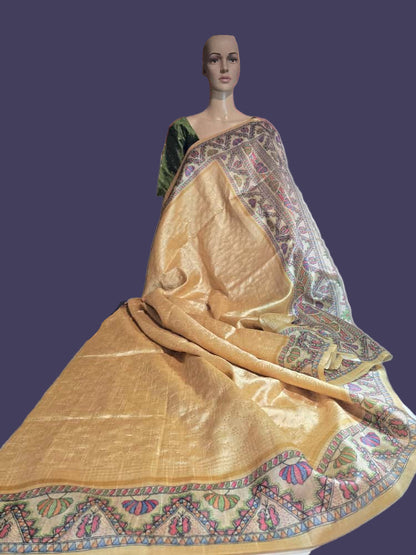 Tusser Silk Saree Madhubani Print Border in Sandal & Beige with Stitched Blouse Allover Zari Weaving and – Handcrafted Traditional Saree for Bridal & Festive Occasions