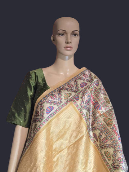 Tusser Silk Saree Madhubani Print Border in Sandal & Beige with Stitched Blouse Allover Zari Weaving and – Handcrafted Traditional Saree for Bridal & Festive Occasions