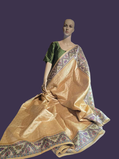 Tusser Silk Saree Madhubani Print Border in Sandal & Beige with Stitched Blouse Allover Zari Weaving and – Handcrafted Traditional Saree for Bridal & Festive Occasions