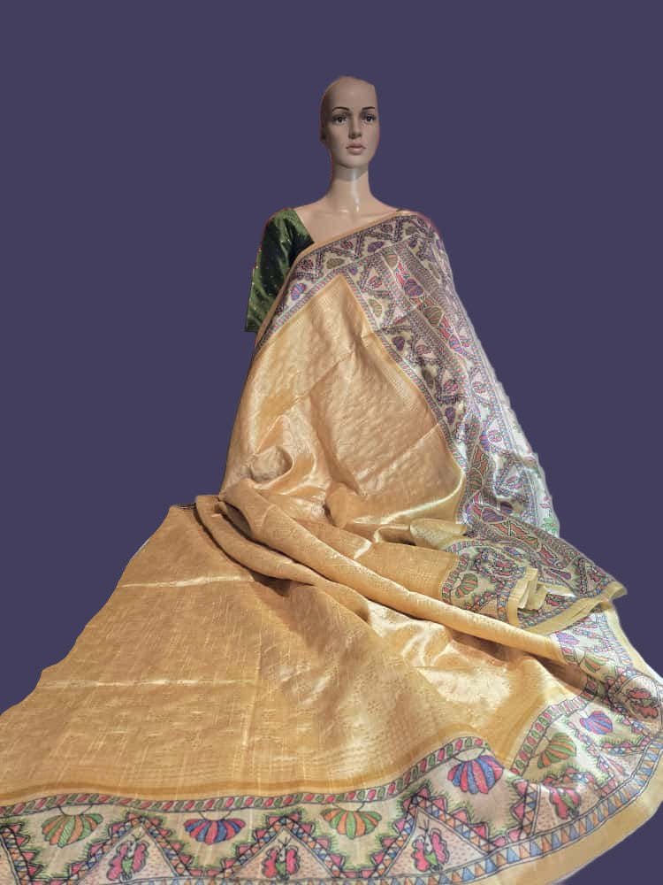 Tusser Silk Saree Madhubani Print Border in Sandal & Beige with Stitched Blouse Allover Zari Weaving and – Handcrafted Traditional Saree for Bridal & Festive Occasions