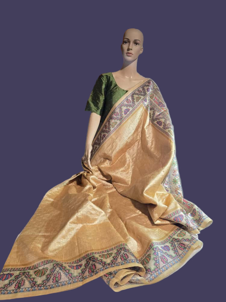 Tusser Silk Saree Madhubani Print Border in Sandal & Beige with Stitched Blouse Allover Zari Weaving and – Handcrafted Traditional Saree for Bridal & Festive Occasions