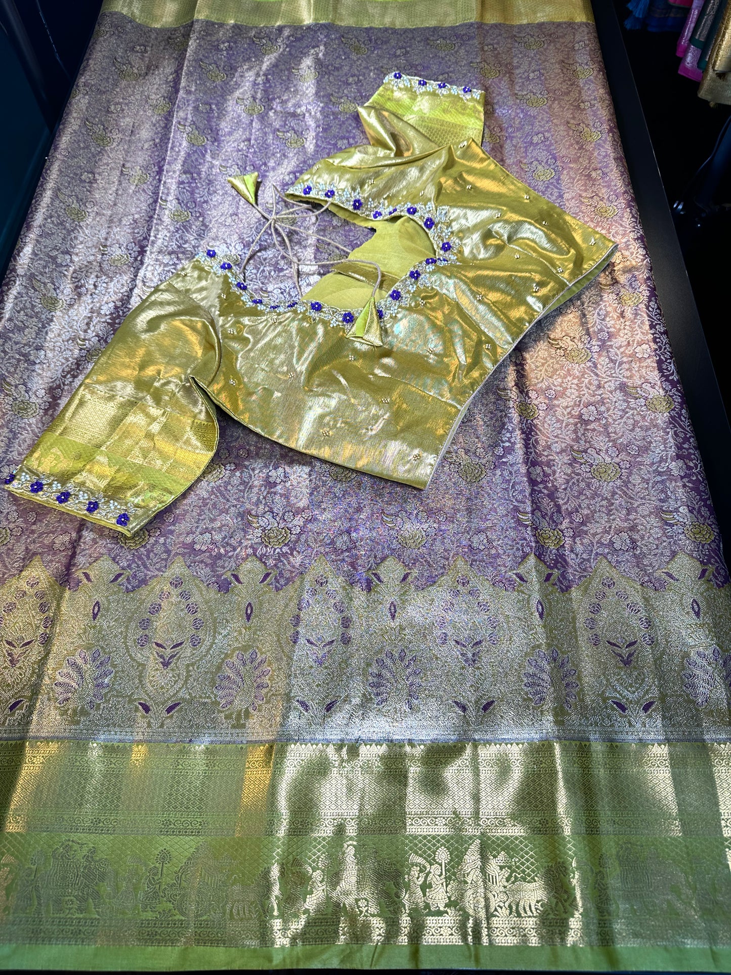 Kanchipuram Premium Tissue Silk Saree with Maggam Work Blouse,  Purple Color Ready-to-wear, Shipping from US, Partywear, Wedding Saree. Purple Gold