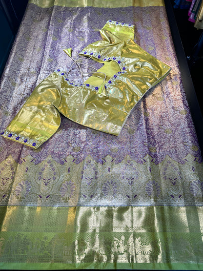 Kanchipuram Premium Tissue Silk Saree with Maggam Work Blouse,  Purple Color Ready-to-wear, Shipping from US, Partywear, Wedding Saree. Purple Gold