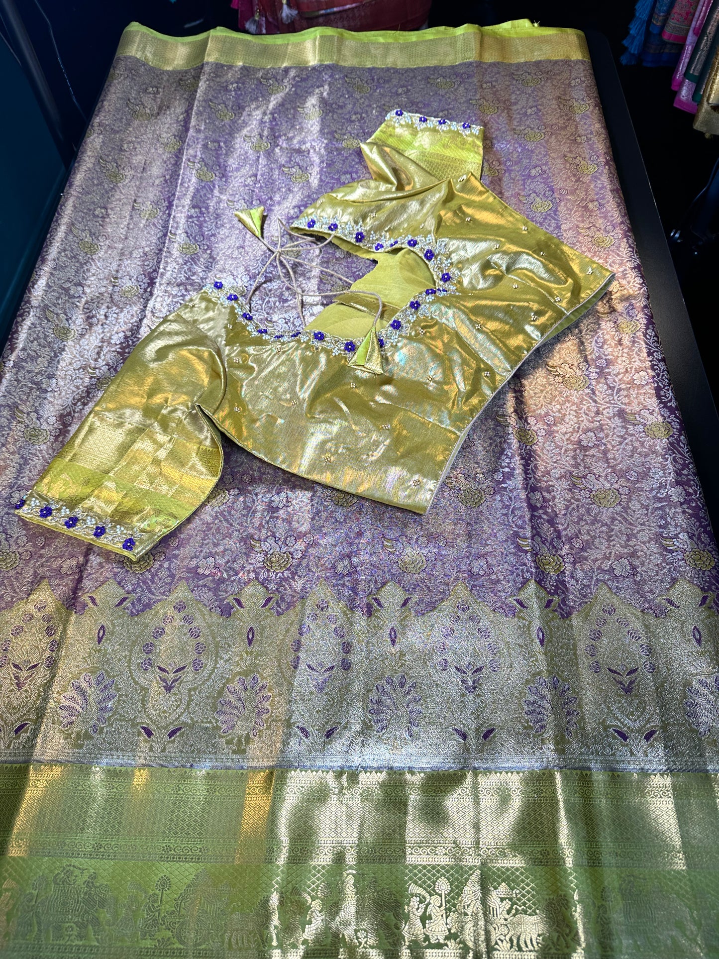 Kanchipuram Premium Tissue Silk Saree with Maggam Work Blouse,  Purple Color Ready-to-wear, Shipping from US, Partywear, Wedding Saree. Purple Gold