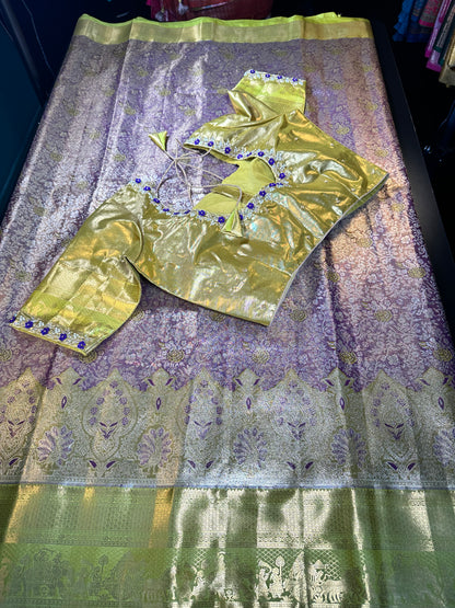 Kanchipuram Premium Tissue Silk Saree with Maggam Work Blouse,  Purple Color Ready-to-wear, Shipping from US, Partywear, Wedding Saree. Purple Gold