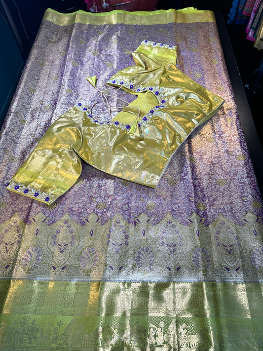 Kanchipuram Premium Tissue Silk Saree with Maggam Work Blouse,  Purple Color Ready-to-wear, Shipping from US, Partywear, Wedding Saree. Purple Gold