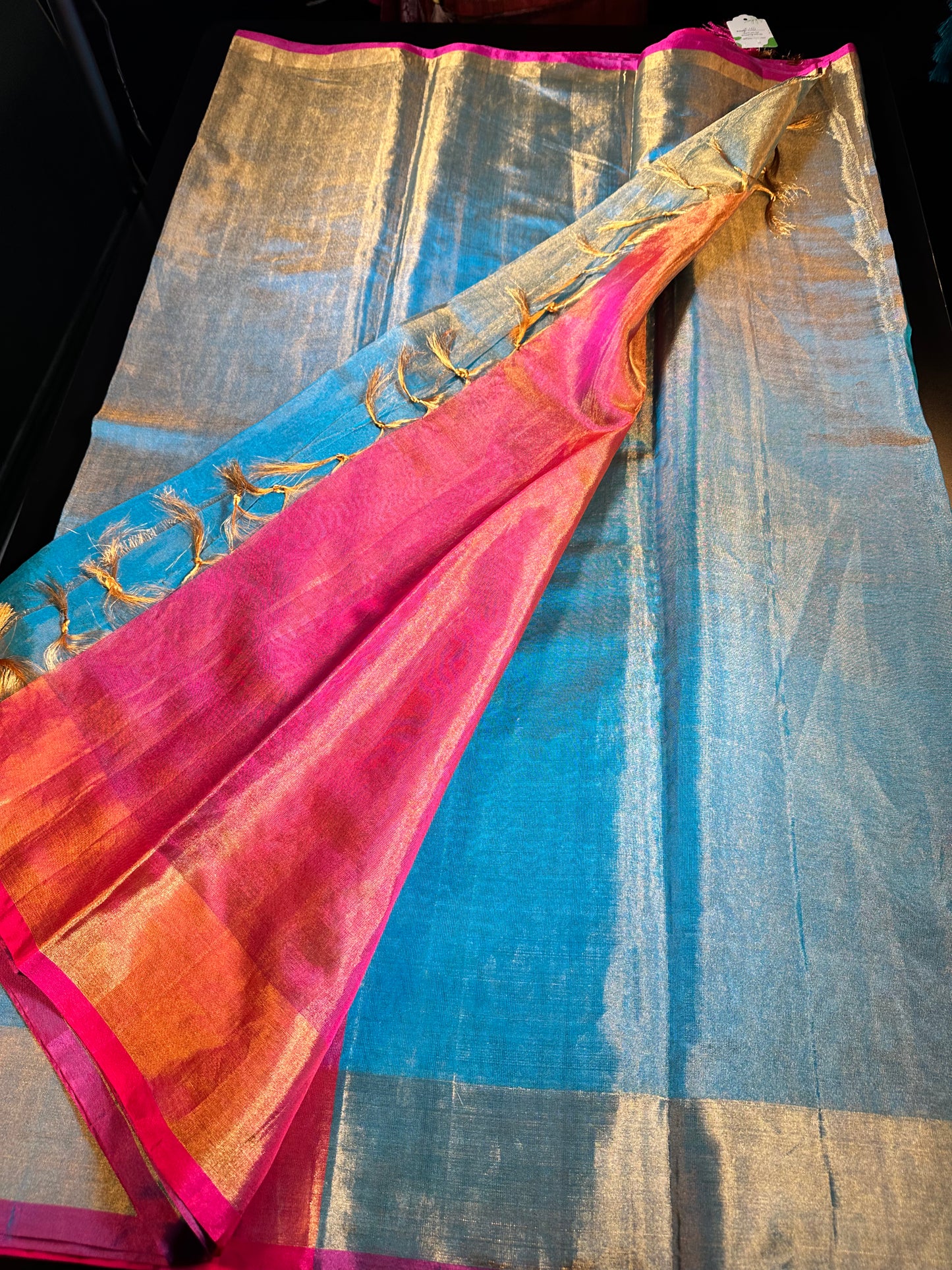 Handloom Pure Silk Tissue Saree with contrast Pallu Maggam Work Blue plus running blouse. Blouse fits size 36 can extend till 42