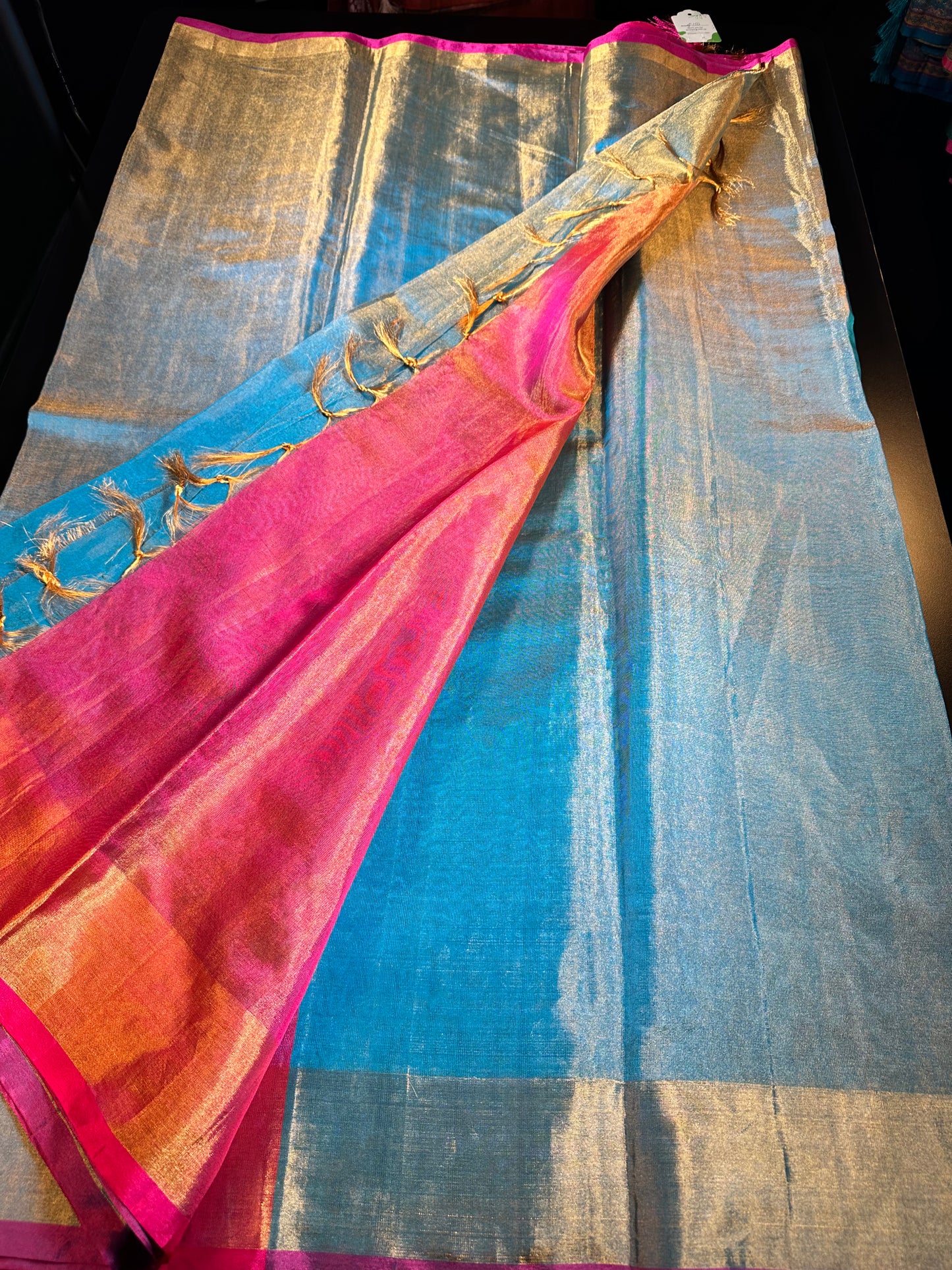 Handloom Pure Silk Tissue Saree with contrast Pallu Maggam Work Blue plus running blouse. Blouse fits size 36 can extend till 42