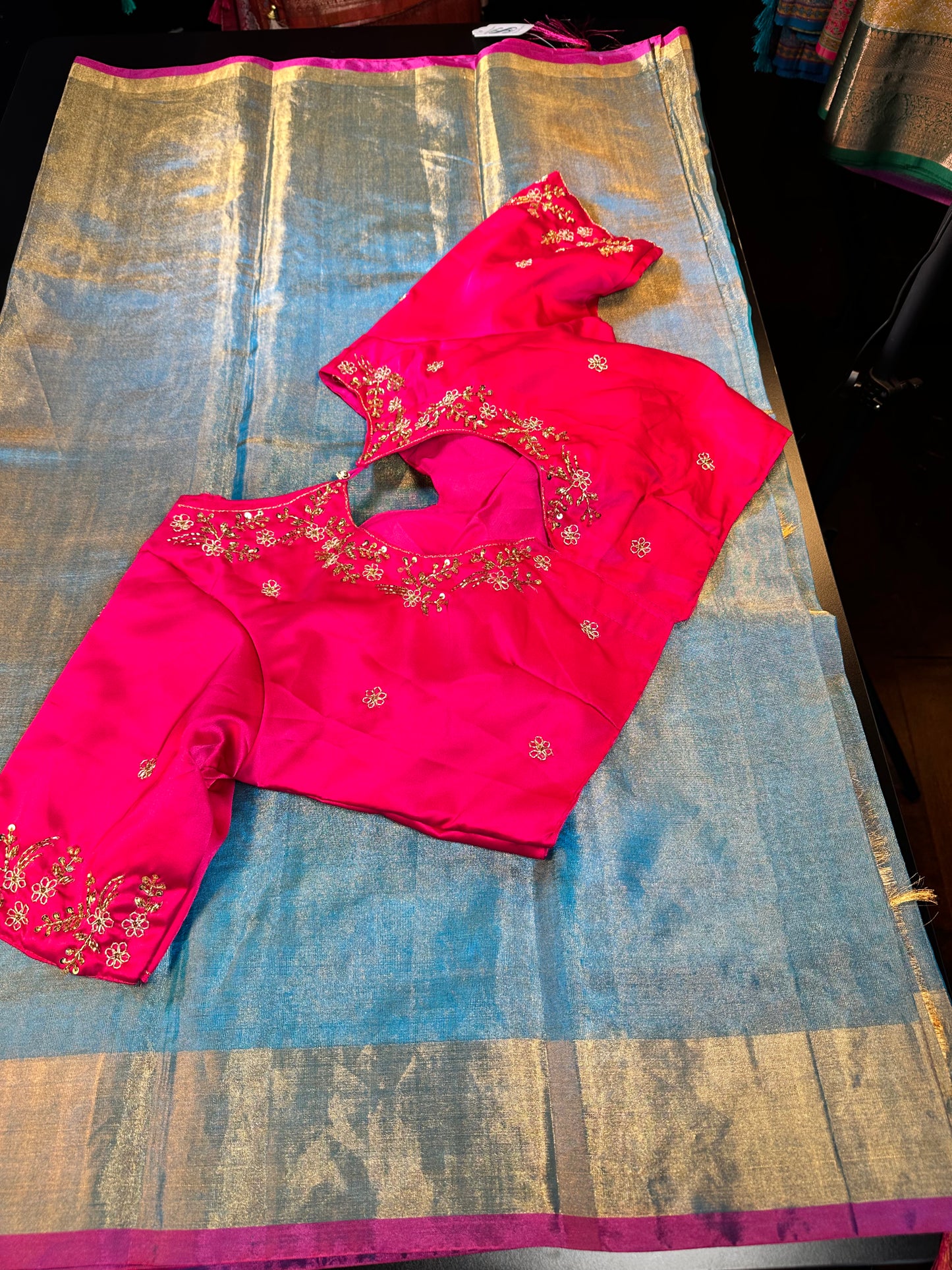 Handloom Pure Silk Tissue Saree with contrast Pallu Maggam Work Blue plus running blouse. Blouse fits size 36 can extend till 42