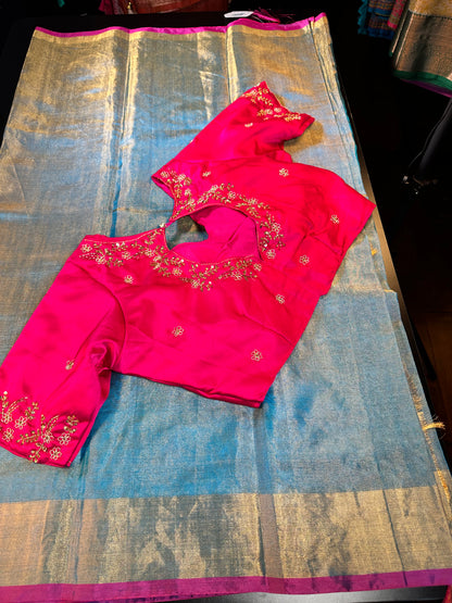 Handloom Pure Silk Tissue Saree with contrast Pallu Maggam Work Blue plus running blouse. Blouse fits size 36 can extend till 42