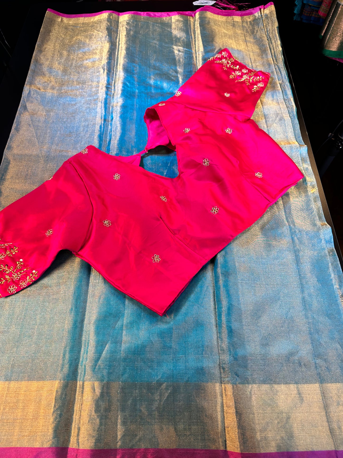 Handloom Pure Silk Tissue Saree with contrast Pallu Maggam Work Blue plus running blouse. Blouse fits size 36 can extend till 42