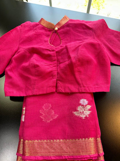 Rani Pink Pure Kota Cotton Saree with Stitched Blouse| Lightweight & Elegant | Ships from USA (Copy)