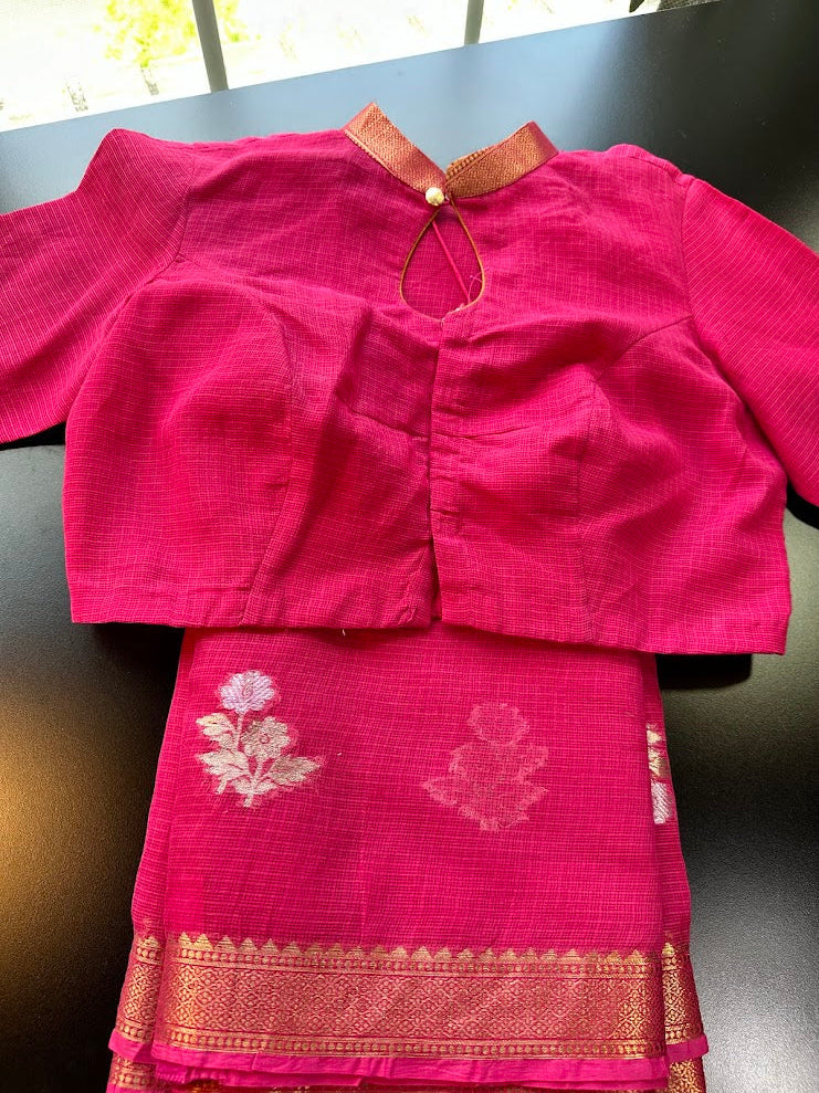 Rani Pink Pure Kota Cotton Saree with Stitched Blouse| Lightweight & Elegant | Ships from USA (Copy)