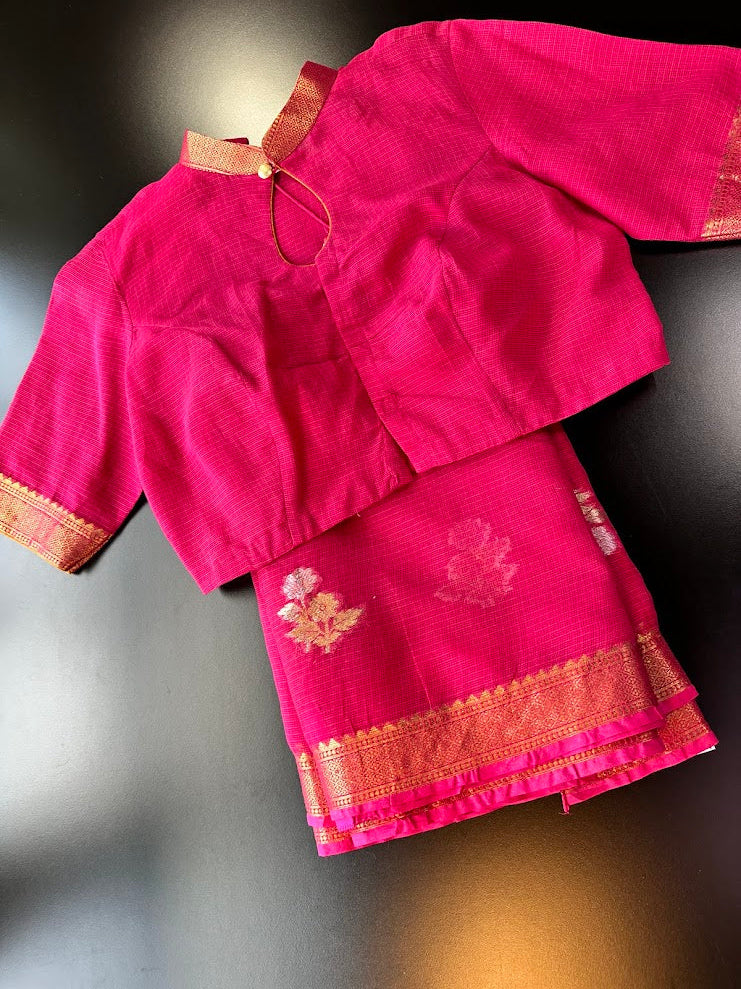 Rani Pink Pure Kota Cotton Saree with Stitched Blouse| Lightweight & Elegant | Ships from USA (Copy)