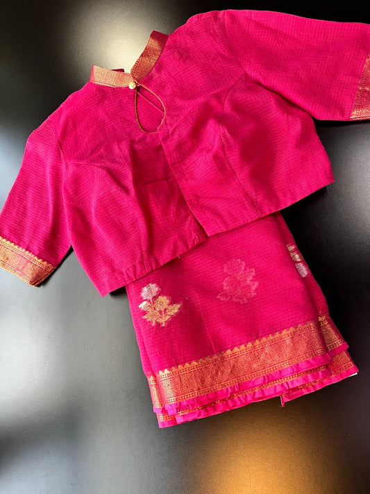 Rani Pink Pure Kota Cotton Saree with Stitched Blouse| Lightweight & Elegant | Ships from USA (Copy)