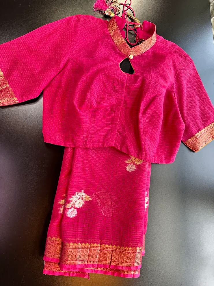 Rani Pink Pure Kota Cotton Saree with Stitched Blouse| Lightweight & Elegant | Ships from USA (Copy)