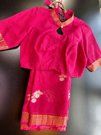 Rani Pink Pure Kota Cotton Saree with Stitched Blouse| Lightweight & Elegant | Ships from USA (Copy)