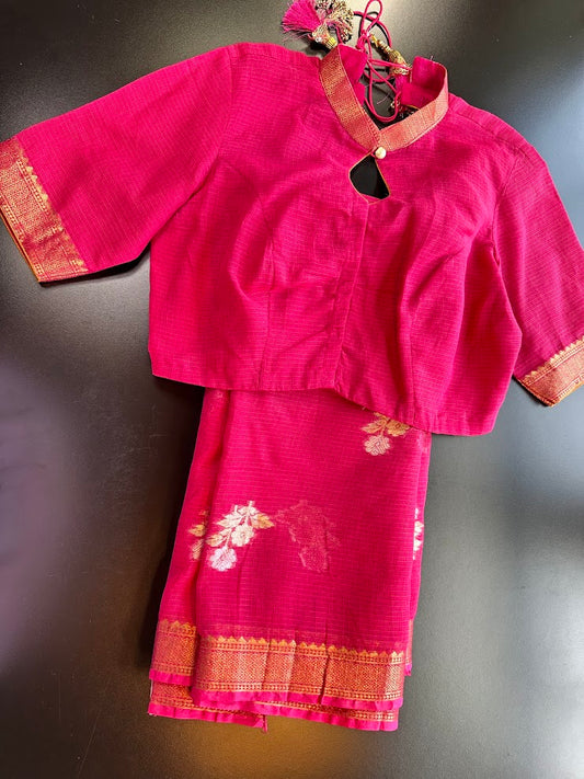 Rani Pink Pure Kota Cotton Saree with Stitched Blouse| Lightweight & Elegant | Ships from USA (Copy)