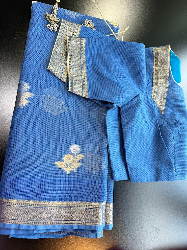 Pure Kota Cotton Saree with Stitched Blouse Shipping from USA Lightweight Traditional Indian Saree