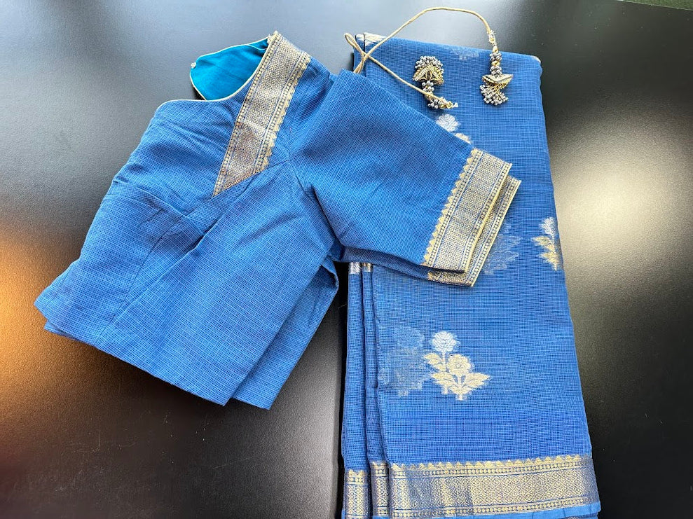 Pure Kota Cotton Saree with Stitched Blouse Shipping from USA Lightweight Traditional Indian Saree
