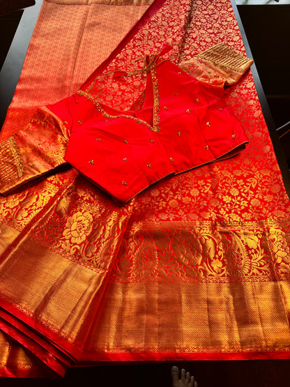 Premium Kanjivaram Saree Wedding Saree with Maggam Work Blouse Red