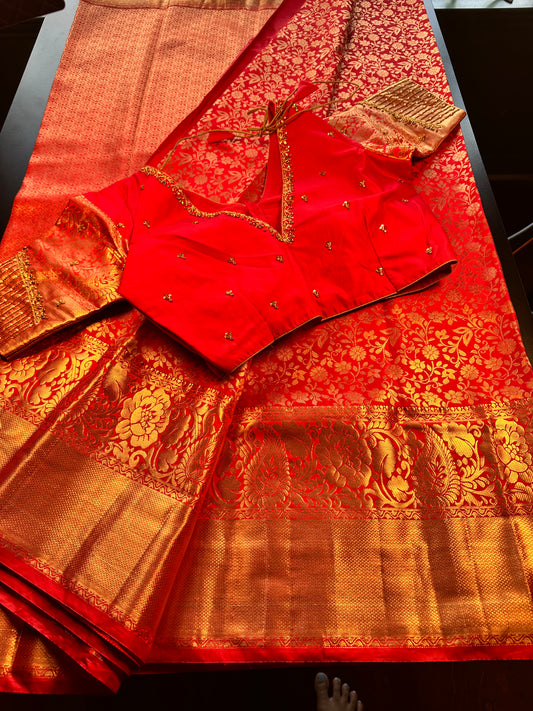 Premium Kanjivaram Saree Wedding Saree with Maggam Work Blouse Red