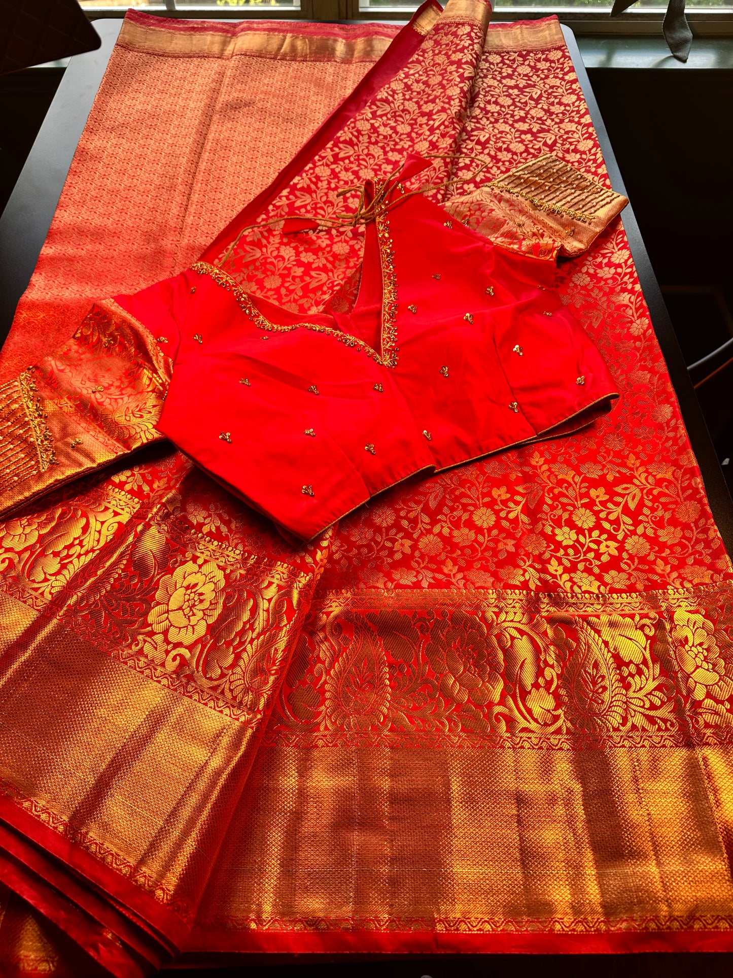 Premium Kanjivaram Saree Wedding Saree with Maggam Work Blouse Red