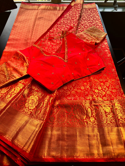 Premium Kanjivaram Saree Wedding Saree with Maggam Work Blouse Red