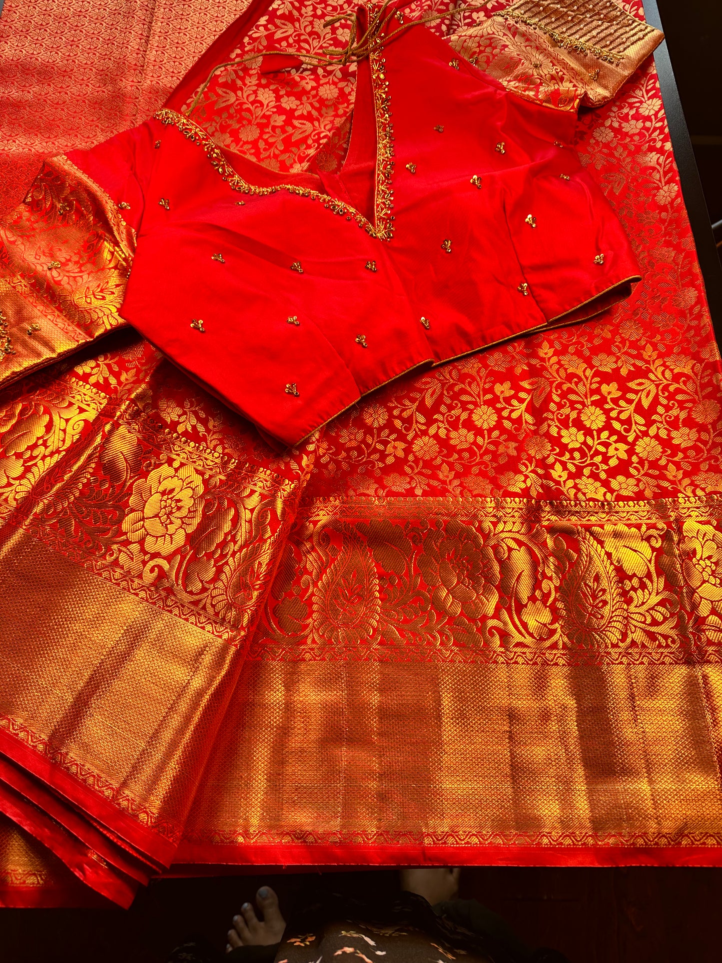 Premium Kanjivaram Saree Wedding Saree with Maggam Work Blouse Red