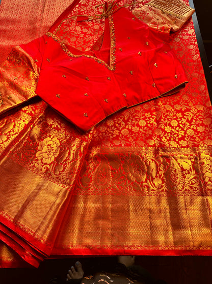 Premium Kanjivaram Saree Wedding Saree with Maggam Work Blouse Red