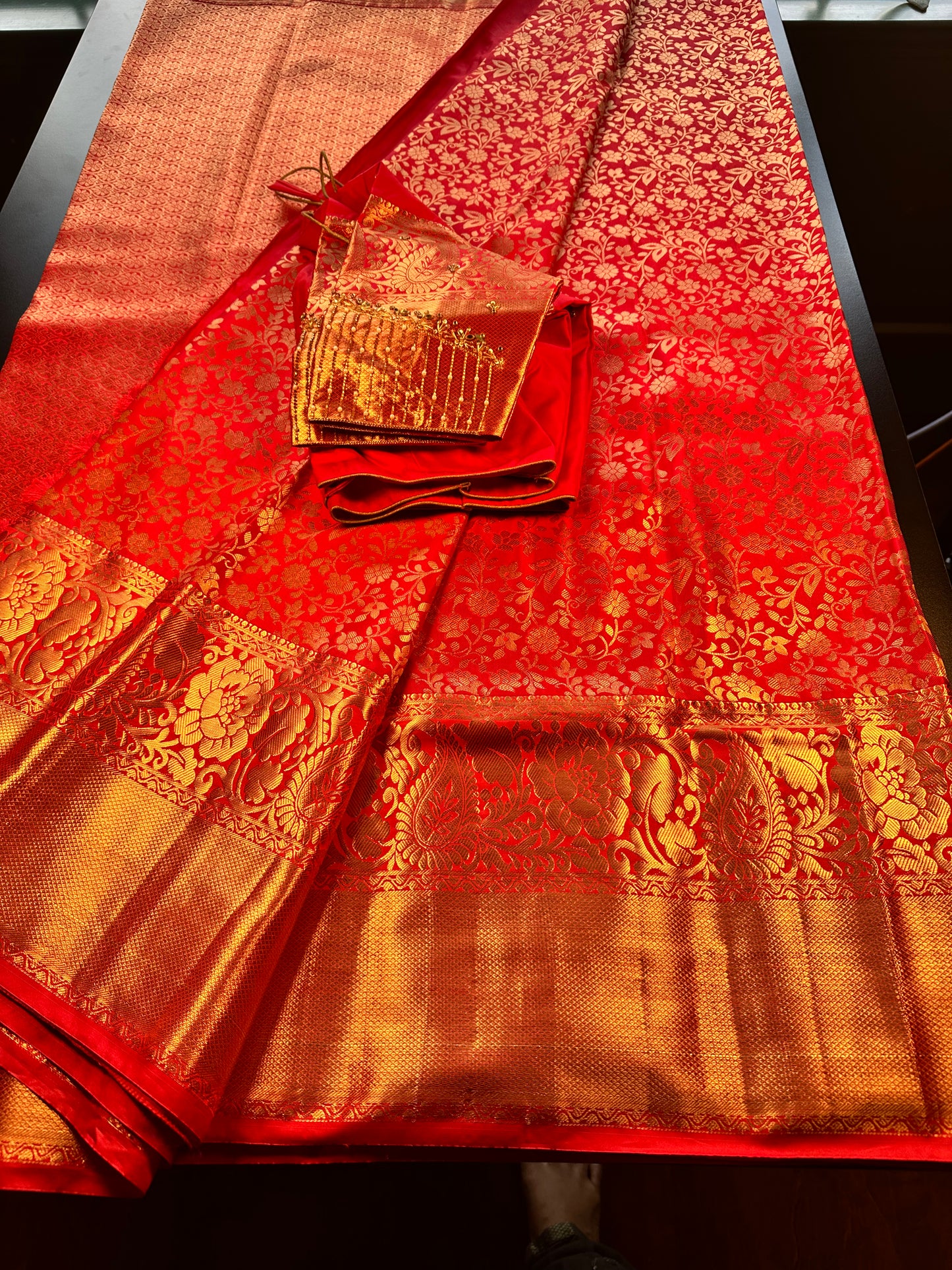 Premium Kanjivaram Saree Wedding Saree with Maggam Work Blouse Red