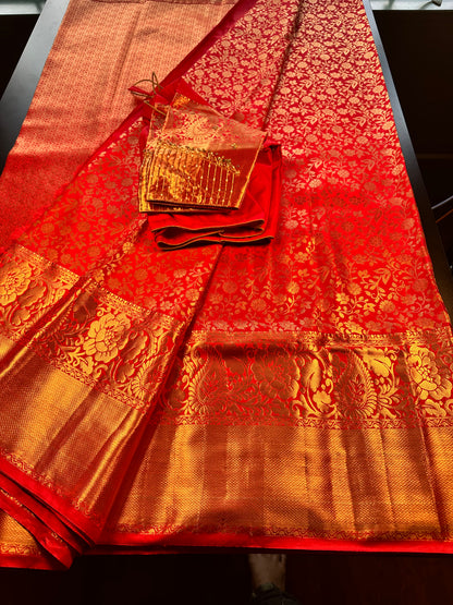 Premium Kanjivaram Saree Wedding Saree with Maggam Work Blouse Red