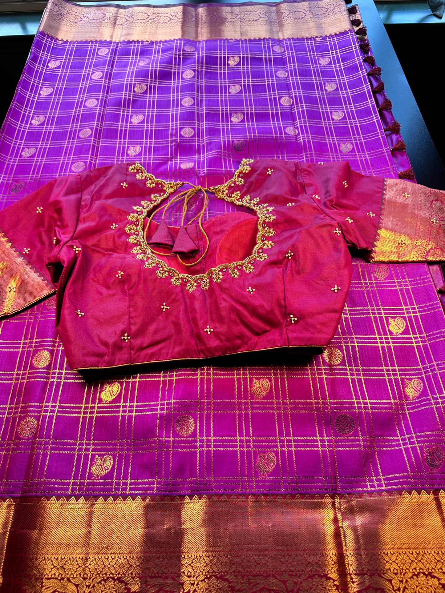 Premium Kanjivaram Saree Wedding Saree with Maggam Work Blouse Purple