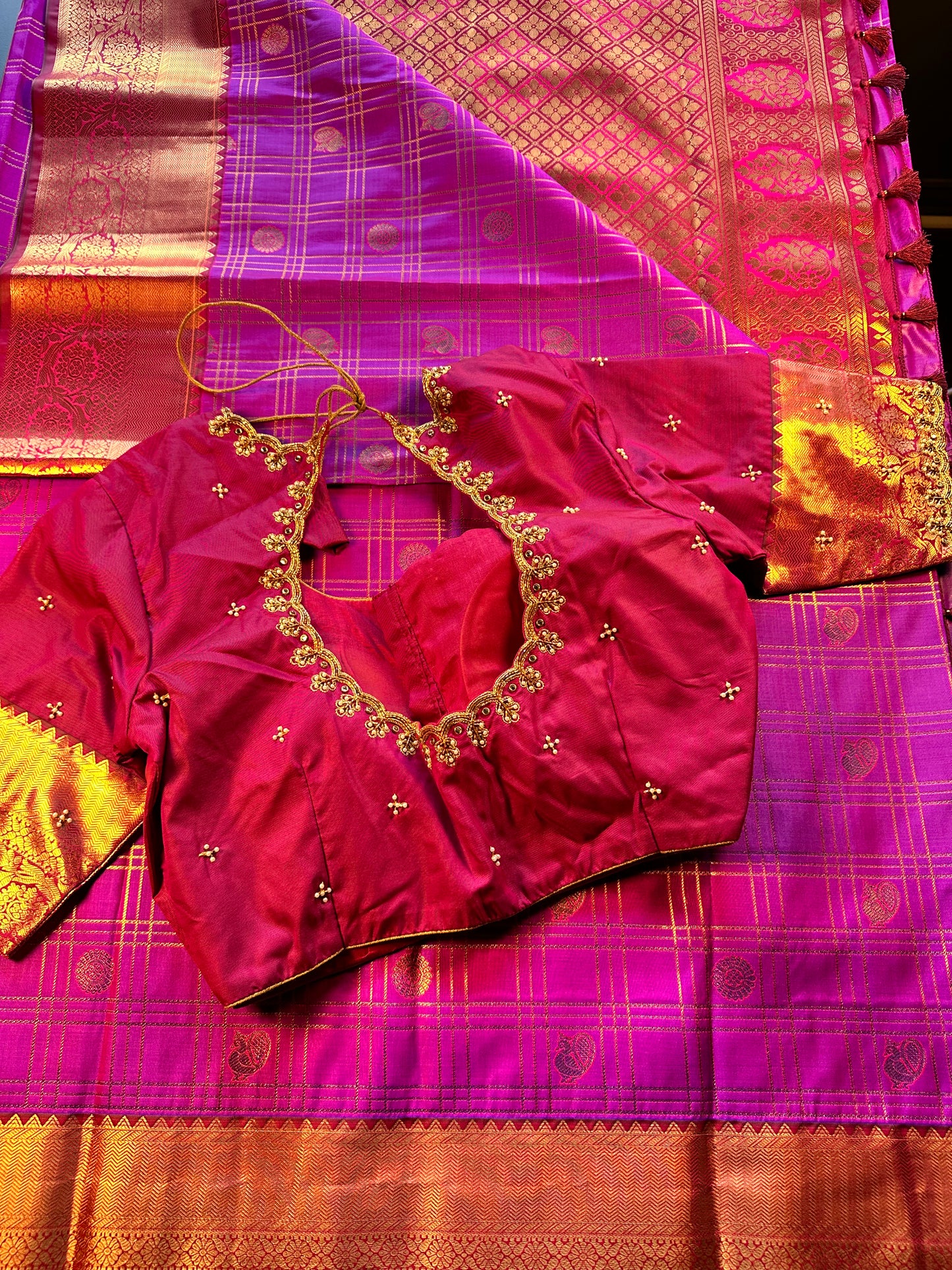Premium Kanjivaram Saree Wedding Saree with Maggam Work Blouse Purple