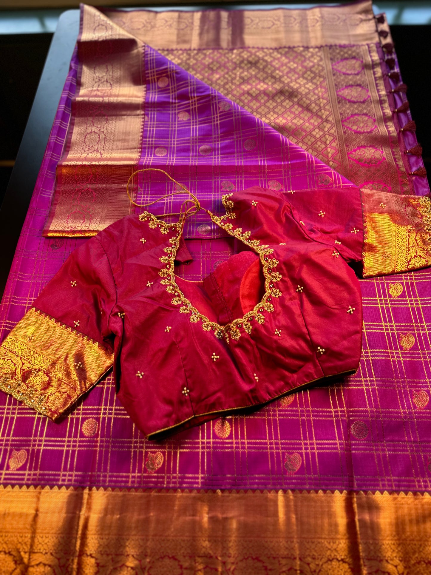 Premium Kanjivaram Saree Wedding Saree with Maggam Work Blouse Purple