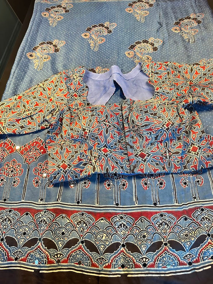 Pure Modal Silk Ajrak Hand Block Saree with all over Mirror Work with Stitched Blouse