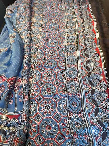 Pure Modal Silk Ajrak Hand Block Saree with all over Mirror Work with Stitched Blouse