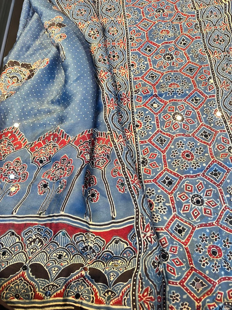 Pure Modal Silk Ajrak Hand Block Saree with all over Mirror Work with Stitched Blouse