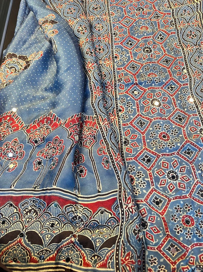 Pure Modal Silk Ajrak Hand Block Saree with all over Mirror Work with Stitched Blouse