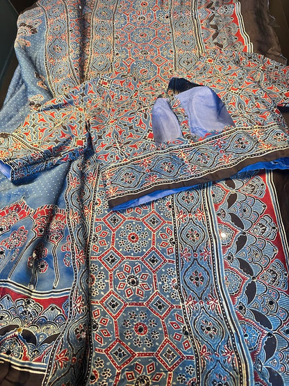 Pure Modal Silk Ajrak Hand Block Saree with all over Mirror Work with Stitched Blouse