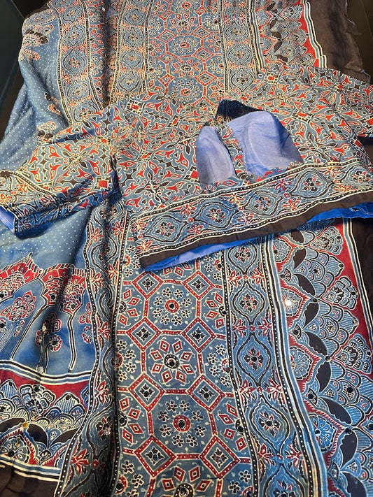 Pure Modal Silk Ajrak Hand Block Saree with all over Mirror Work with Stitched Blouse