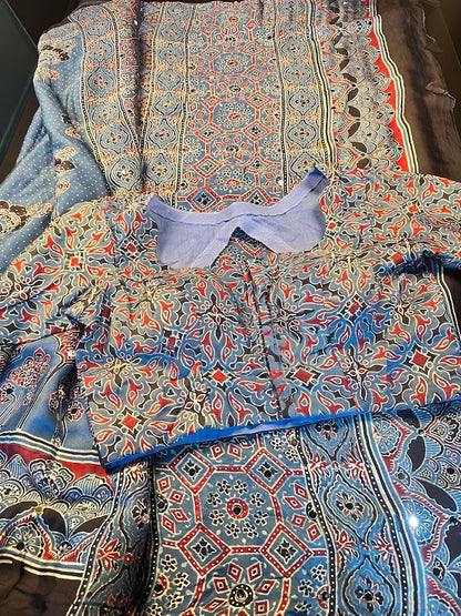 Pure Modal Silk Ajrak Hand Block Saree with all over Mirror Work with Stitched Blouse