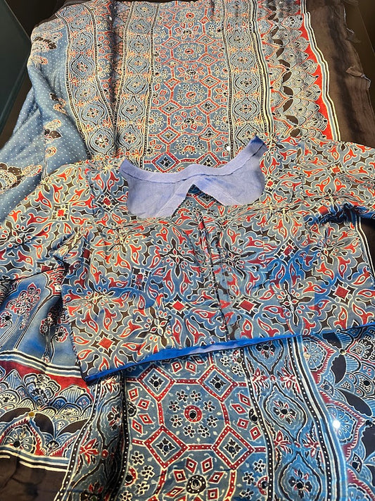 Pure Modal Silk Ajrak Hand Block Saree with all over Mirror Work with Stitched Blouse