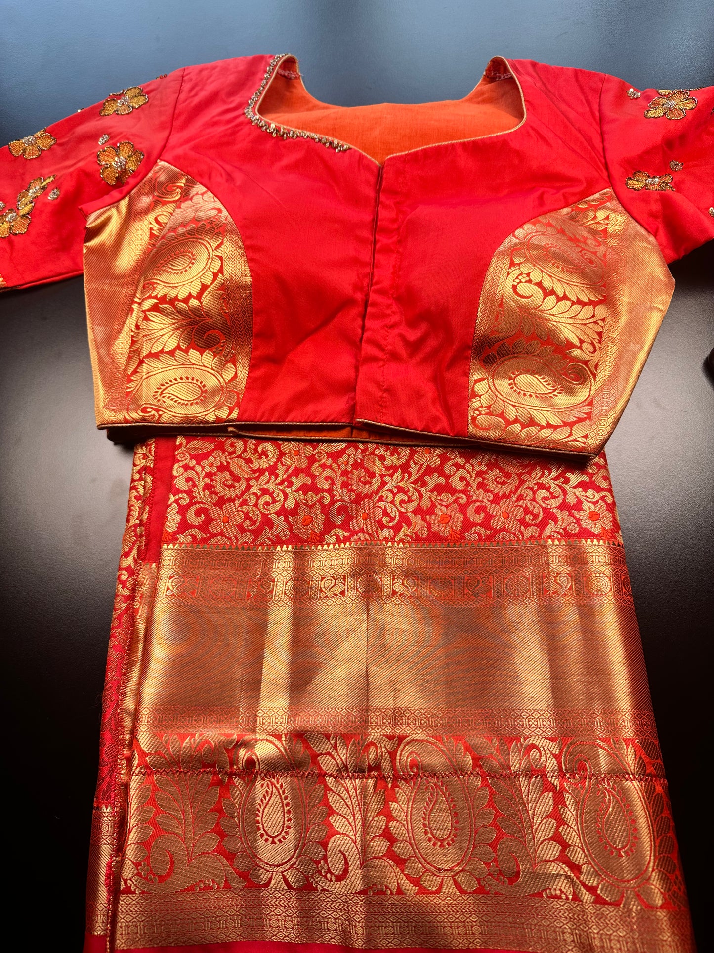 Premium Kanjivaram Silk Saree with Maggam Work Blouse | Ready-to-Wear Orange Wedding Saree | USA Shipping