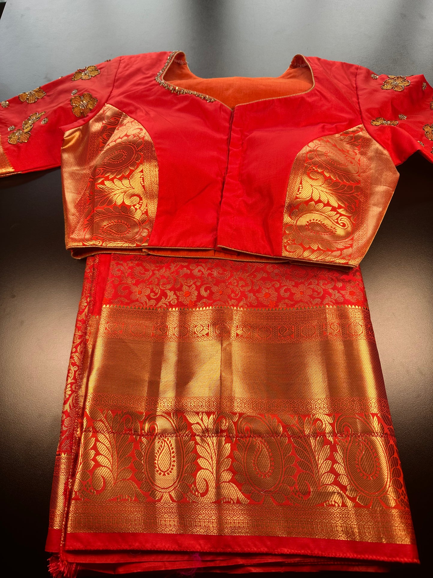 Premium Kanjivaram Silk Saree with Maggam Work Blouse | Ready-to-Wear Orange Wedding Saree | USA Shipping