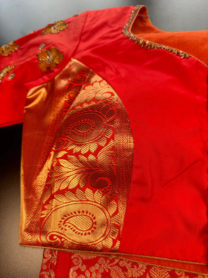 Premium Kanjivaram Silk Saree with Maggam Work Blouse | Ready-to-Wear Orange Wedding Saree | USA Shipping